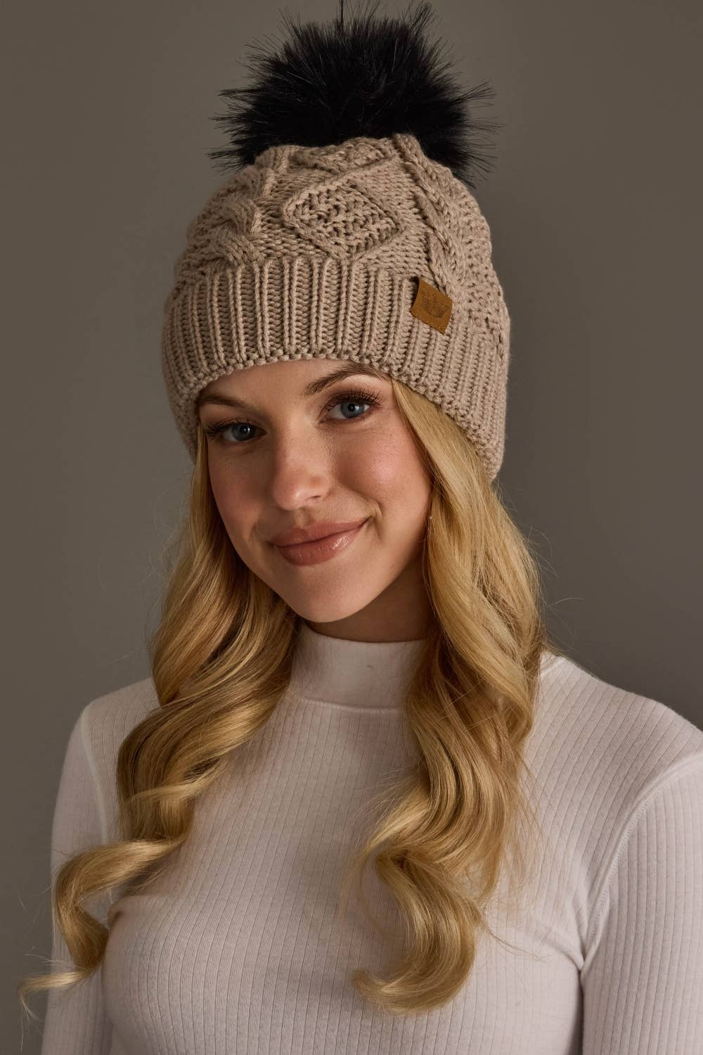 Warm Taupe Cable Knit Pom Hat