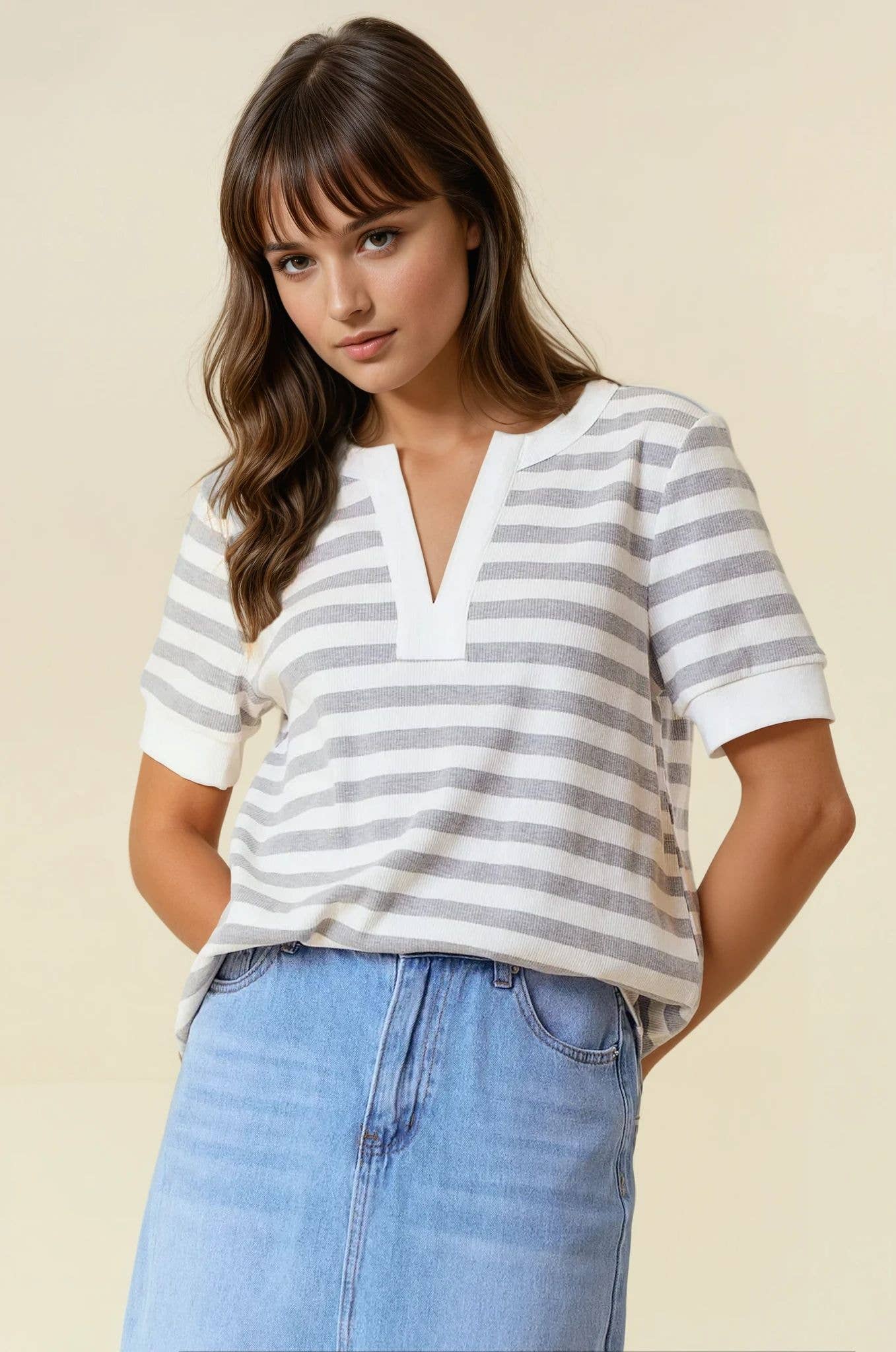 Grey Striped Vneck Top