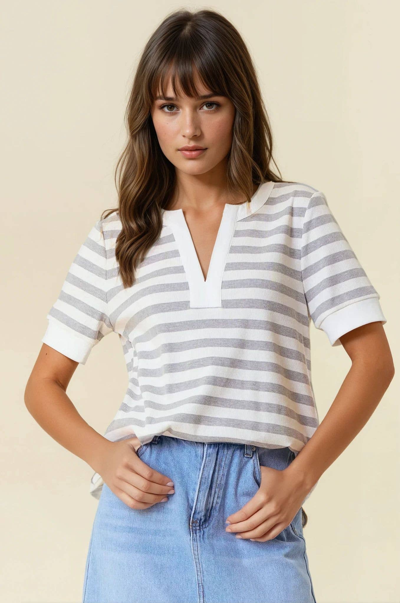 Grey Striped Vneck Top