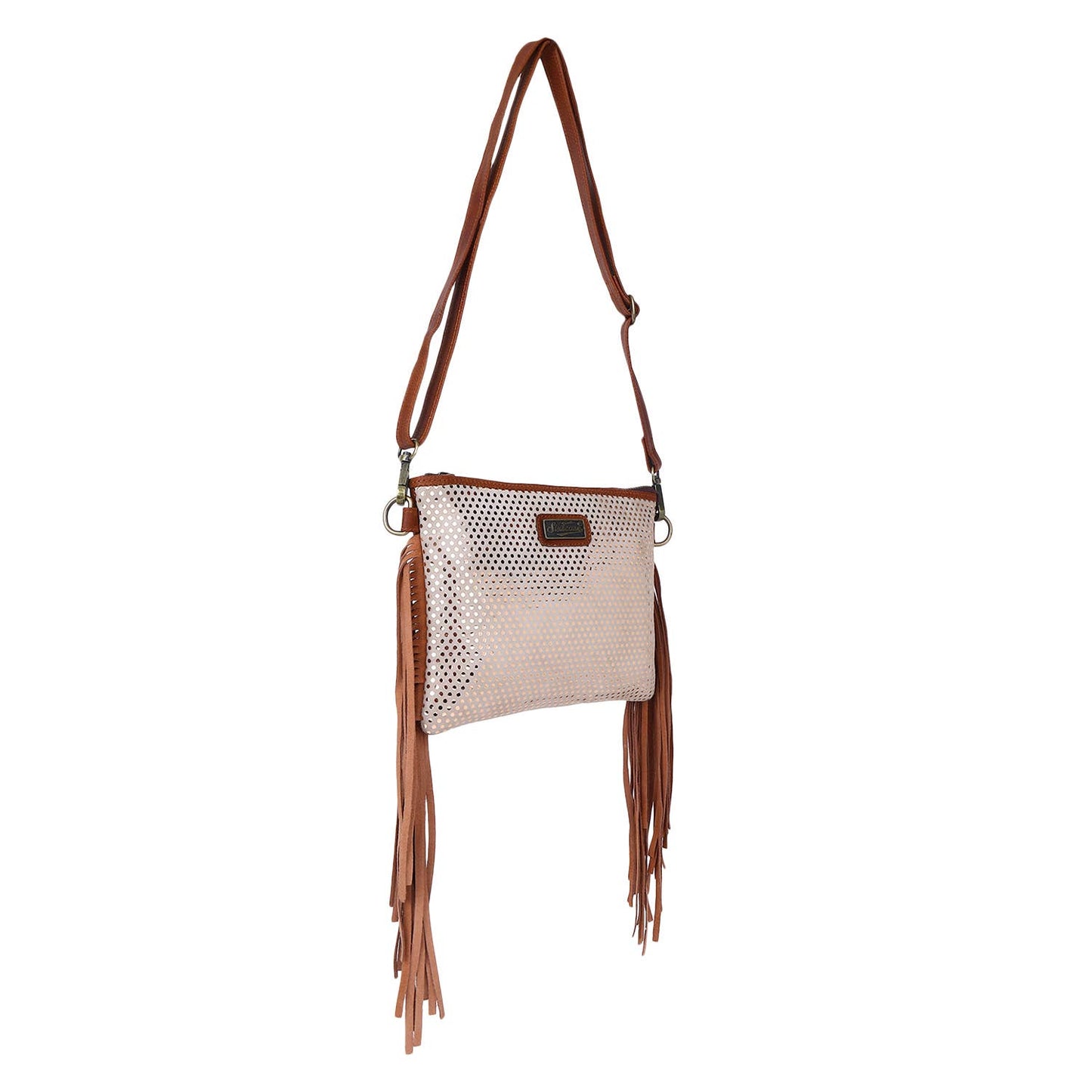 Leather  Fringed Women Sling - Rose Gold Brown Polka Dot