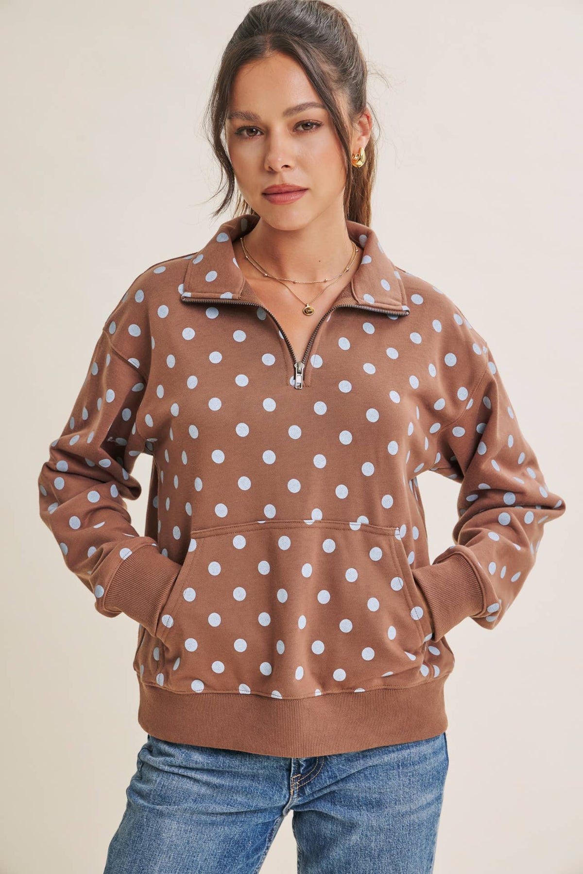 COFFE RUN PLAYFUL POLKA DOT HALF-ZIP FRENCH TERRY PULLOVER