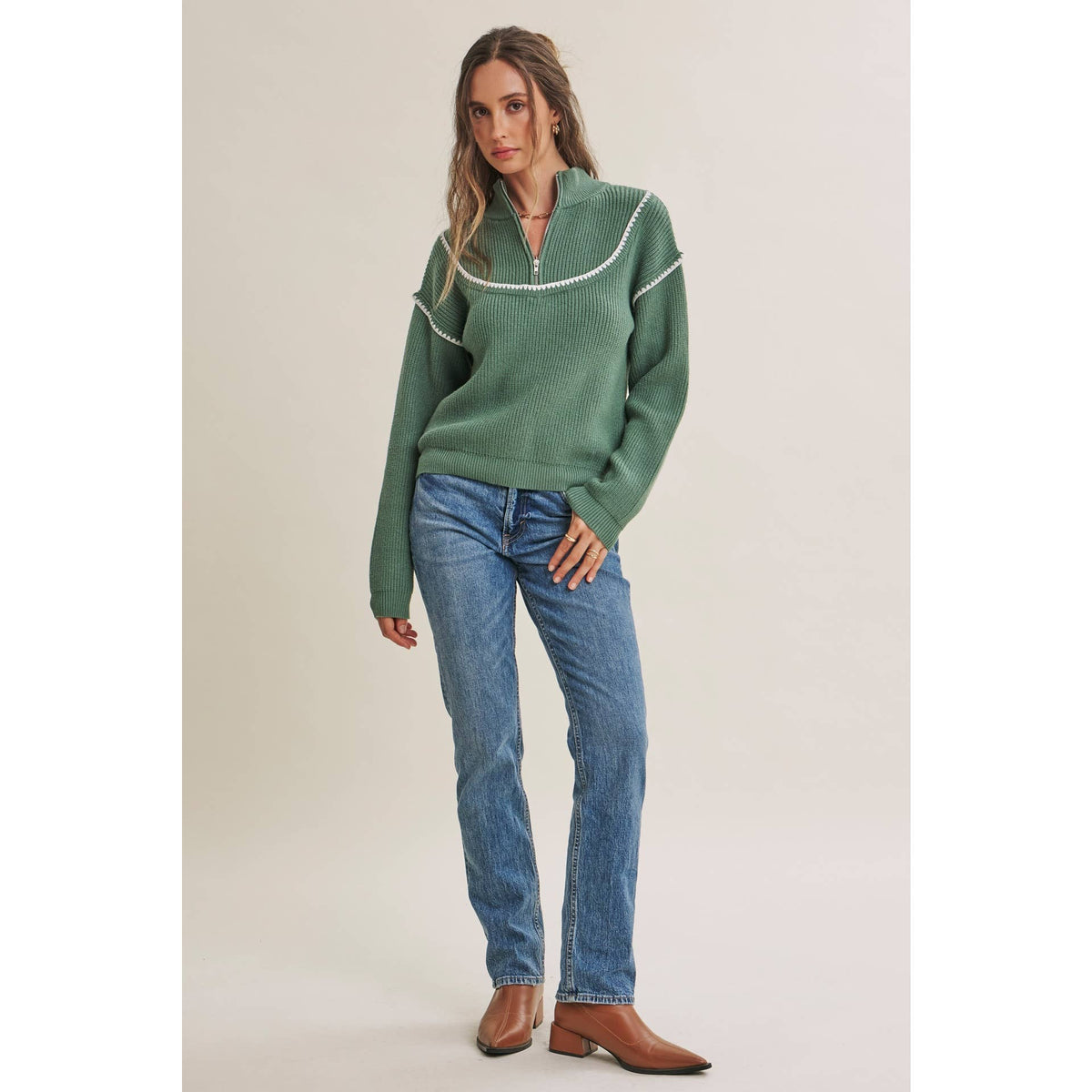 CABIN AIR CONTRAST WHIPSTITCH EMBROIDERY HALF ZIP SWEATER