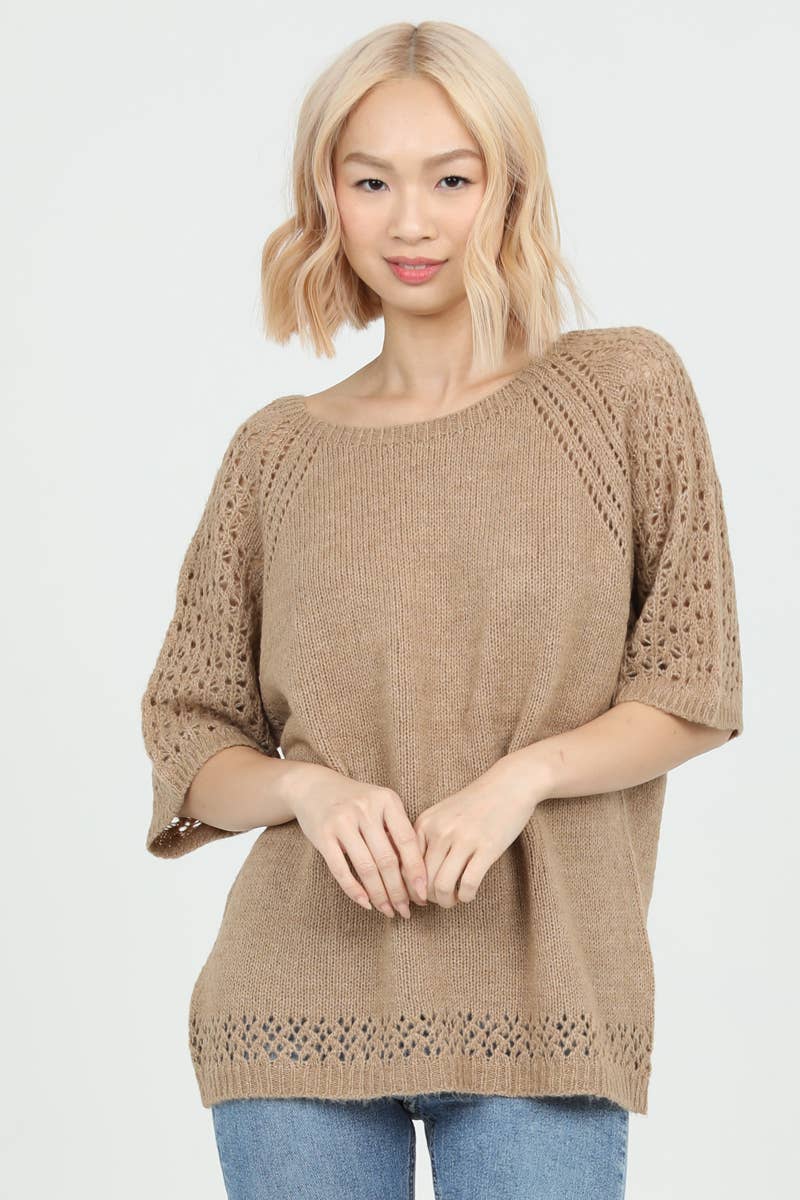 NHS73-ASIS OPEN KNIT SHORT SLEEVE PULLOVER SWEATER