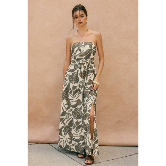 Swaying Palms Strapless Ruched Maxi Dress