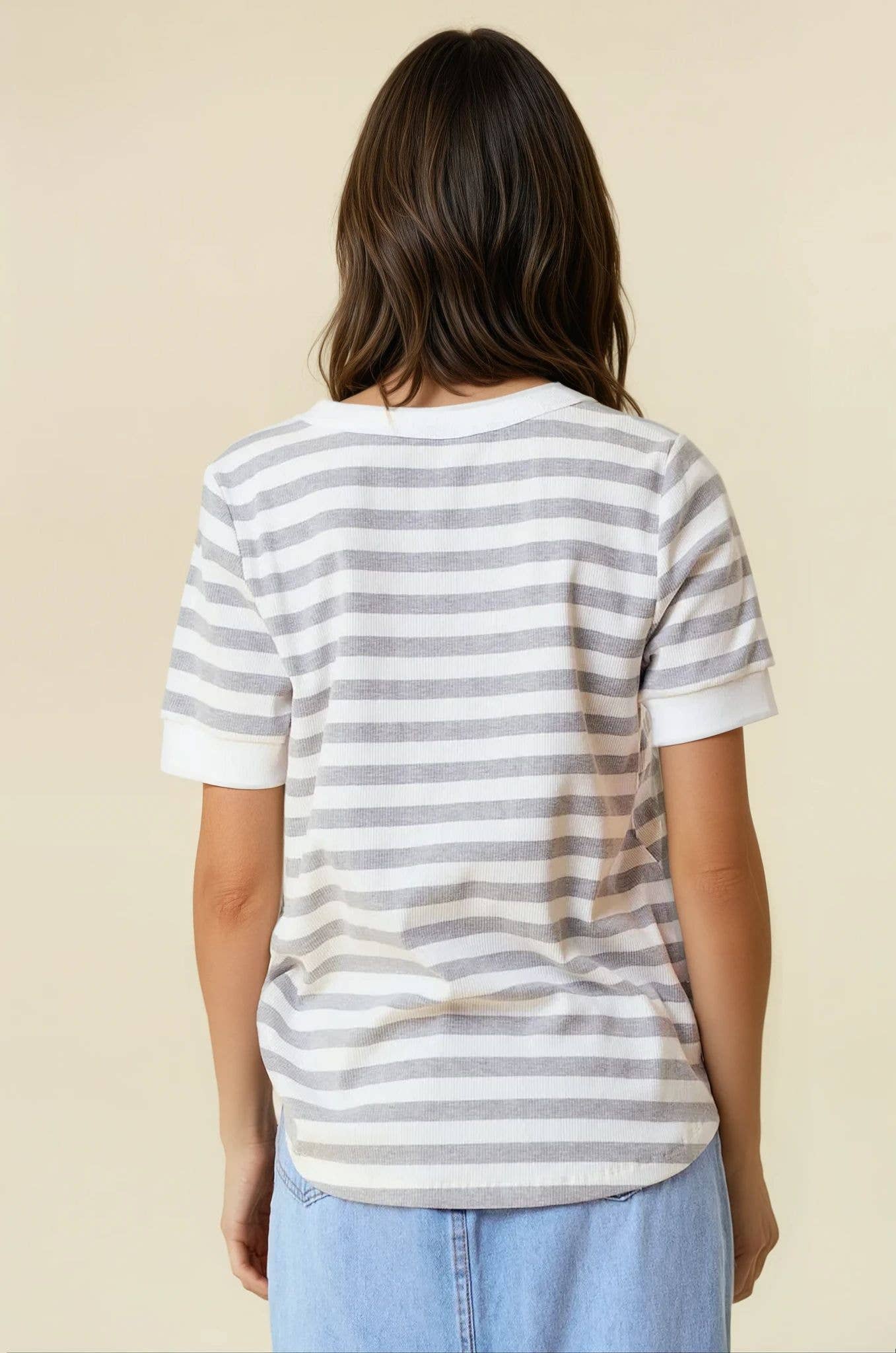 Grey Striped Vneck Top