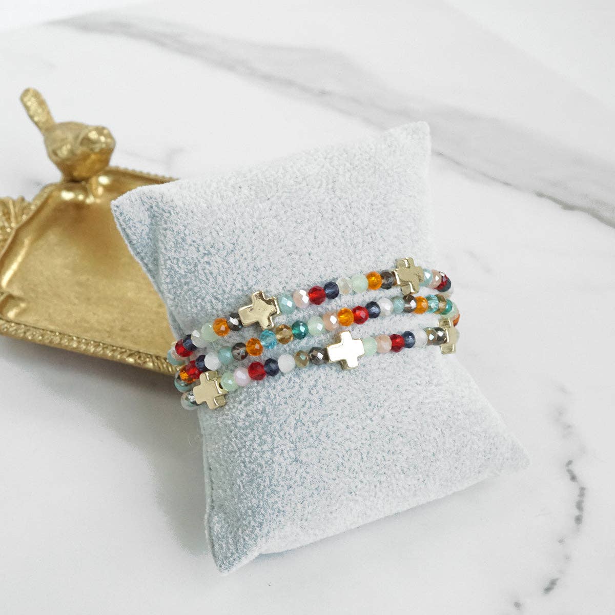 Glass & Gold Cross Bracelet Stack