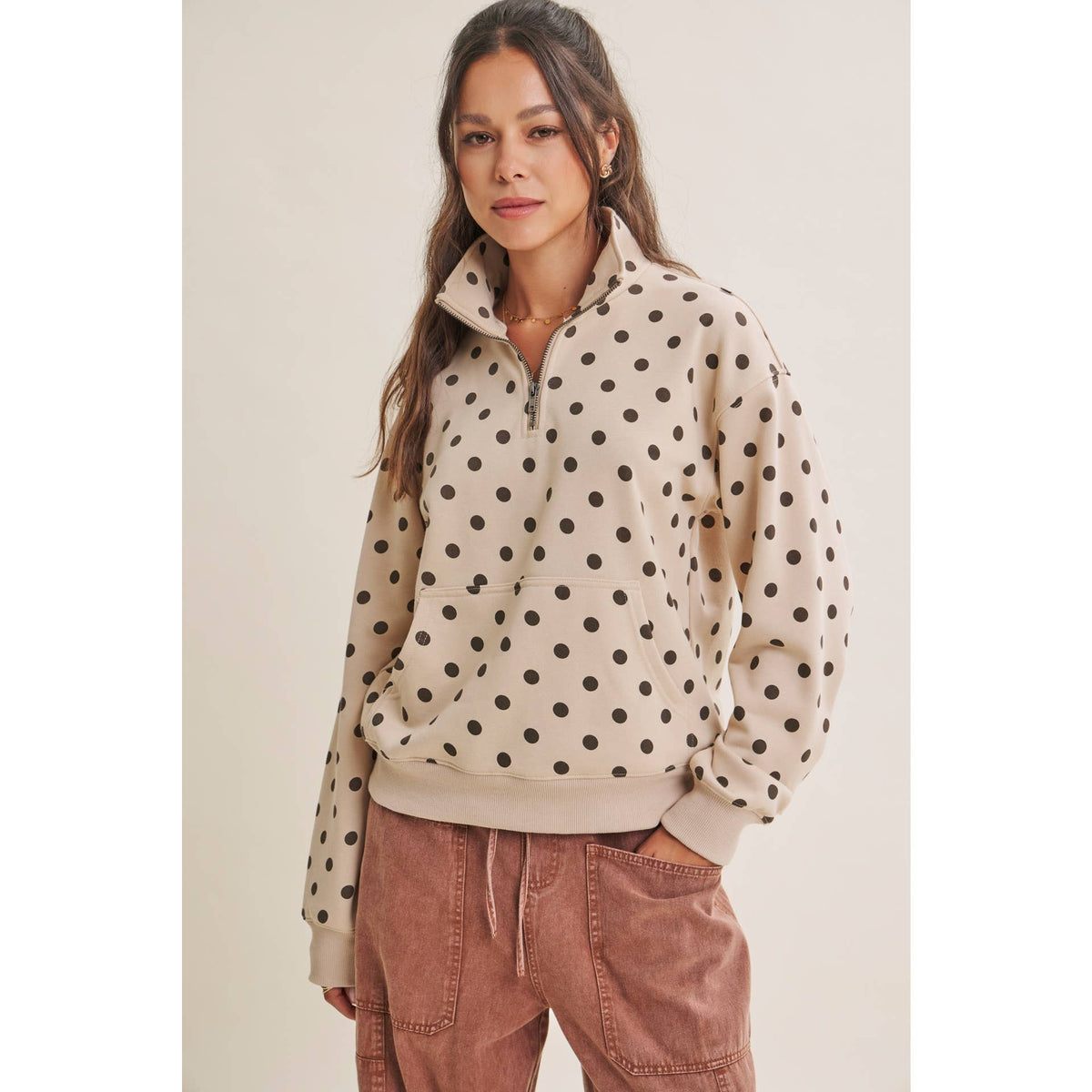 COFFE RUN PLAYFUL POLKA DOT HALF-ZIP FRENCH TERRY PULLOVER