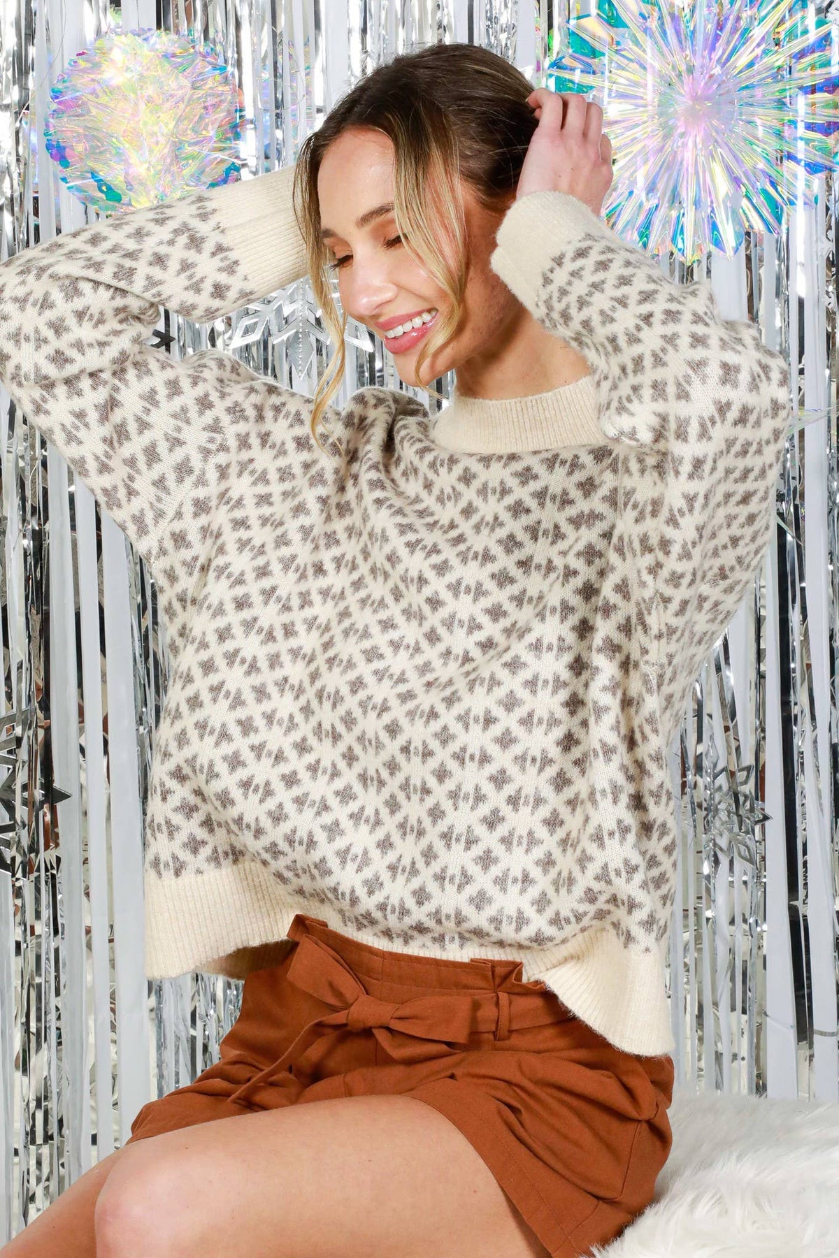 Geometric Pattern Mock Neck Knitted Sweater Top VT81923