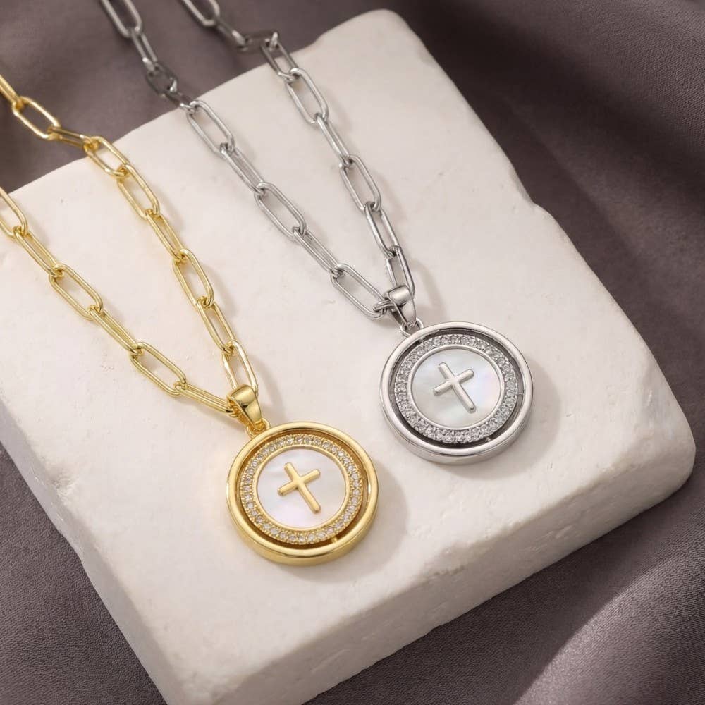 Stainless Steel Cross Disc Pendant Necklace