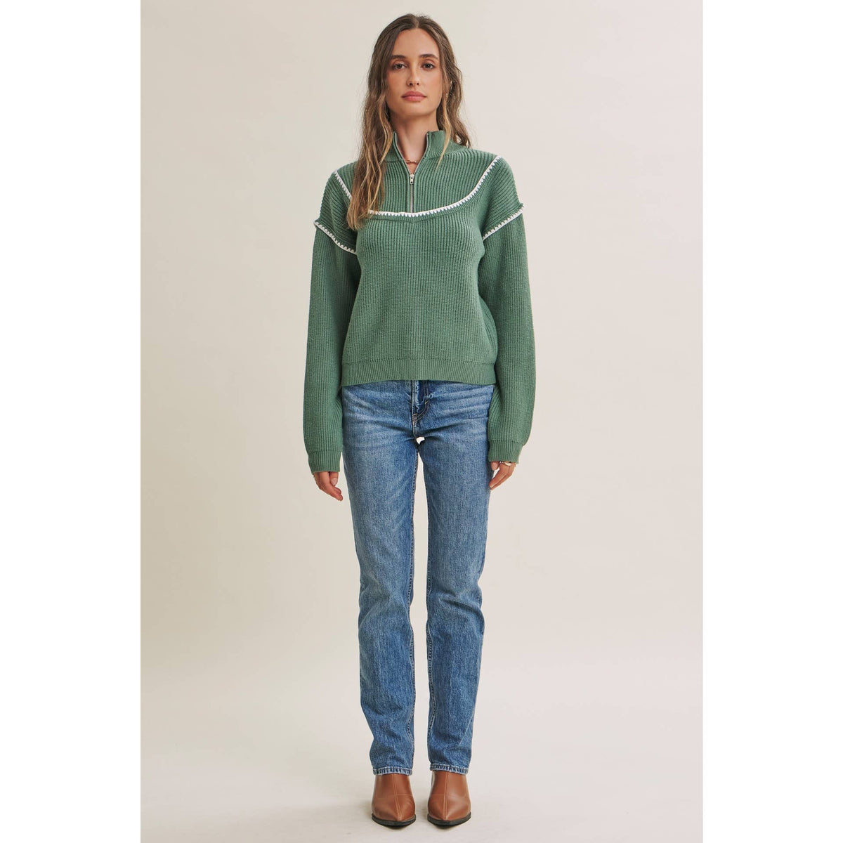 CABIN AIR CONTRAST WHIPSTITCH EMBROIDERY HALF ZIP SWEATER