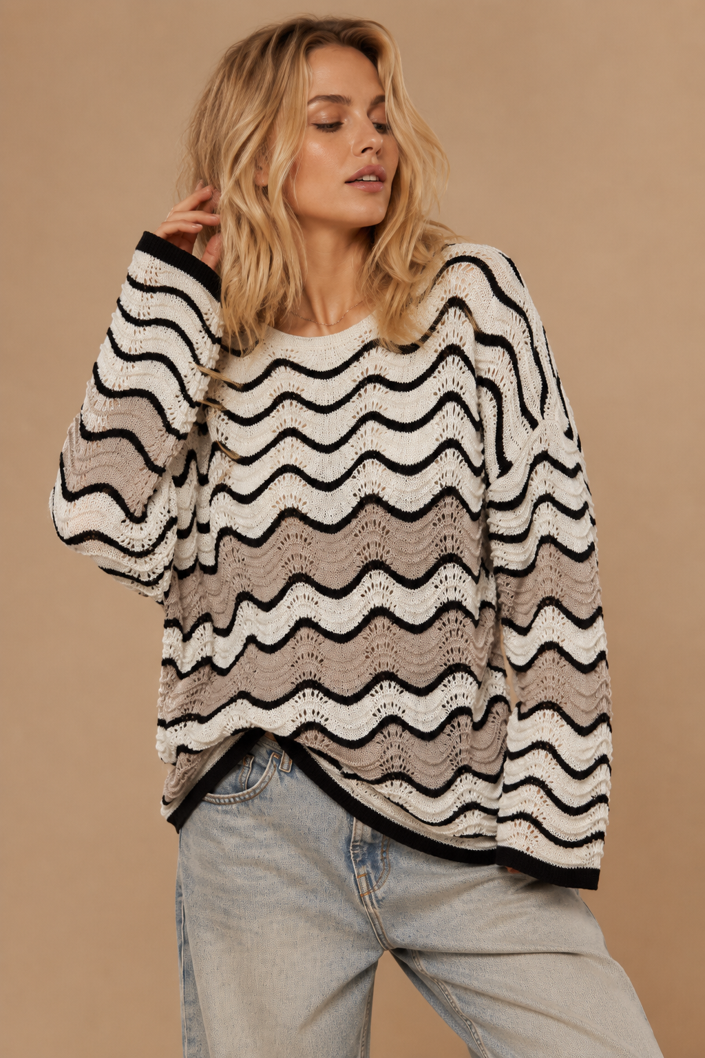 Wave Pattern Pointelle Knit Sweater