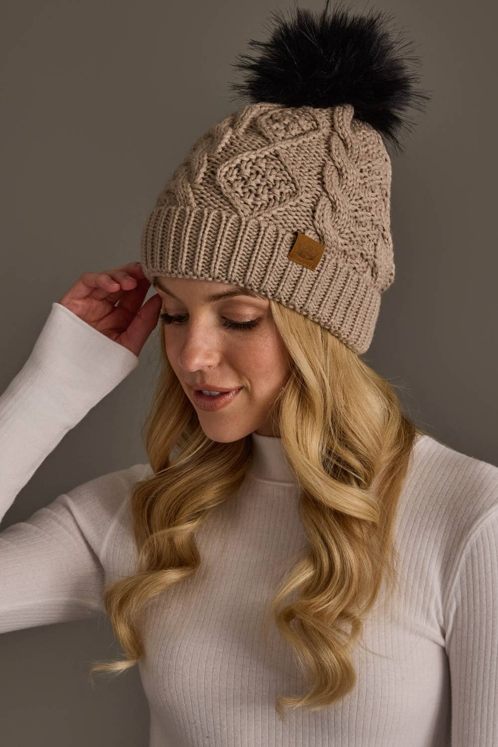 Warm Taupe Cable Knit Pom Hat