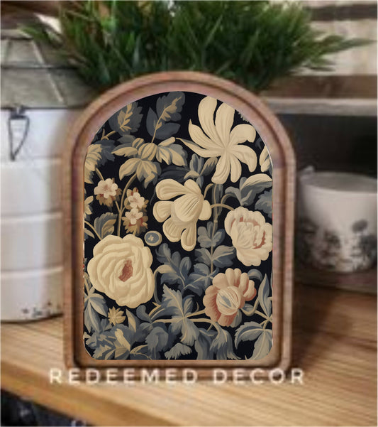 Arch Top Dark Floral Tapestry Framed Art