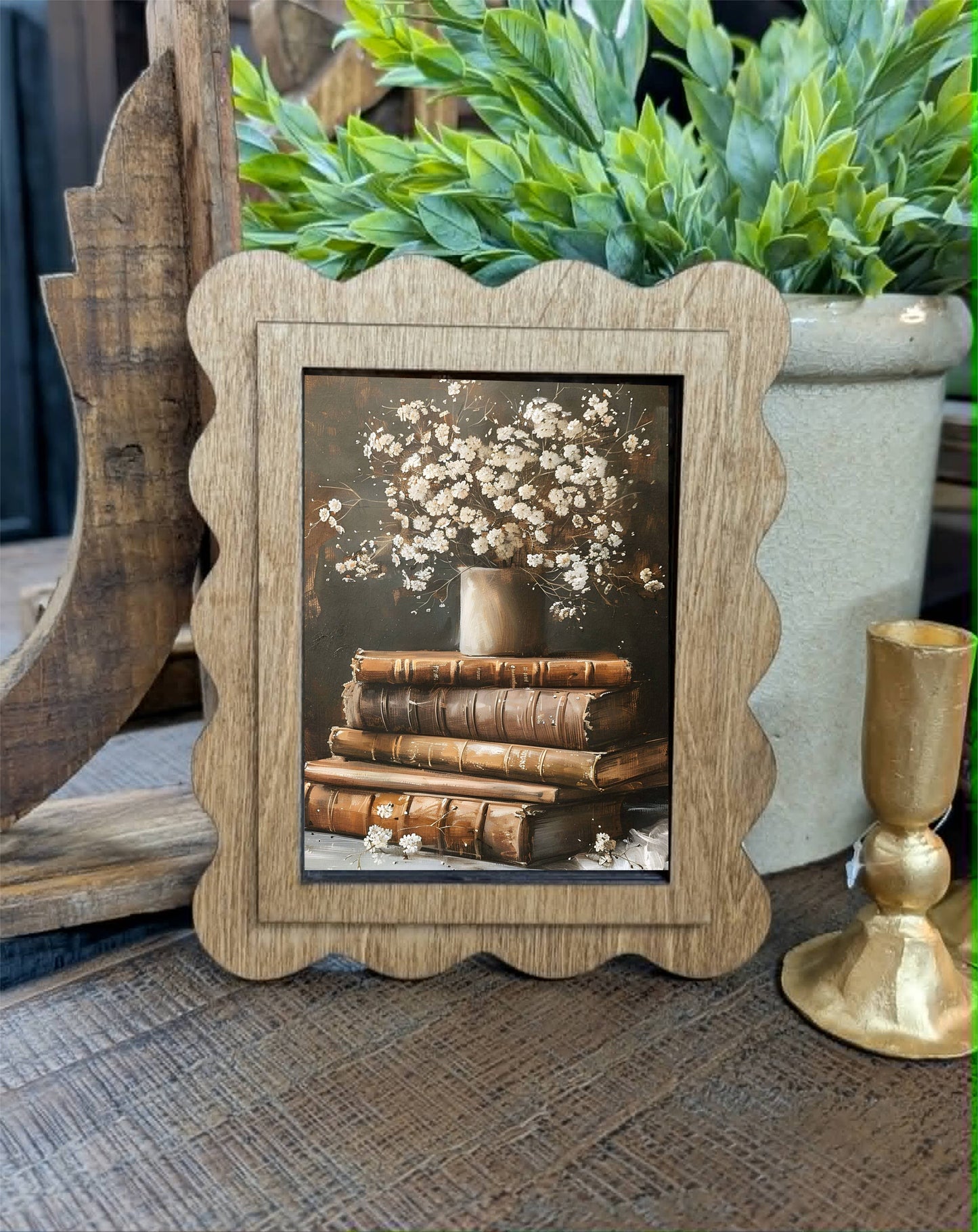 Scallop Books With Flowers Framed Canvas Art