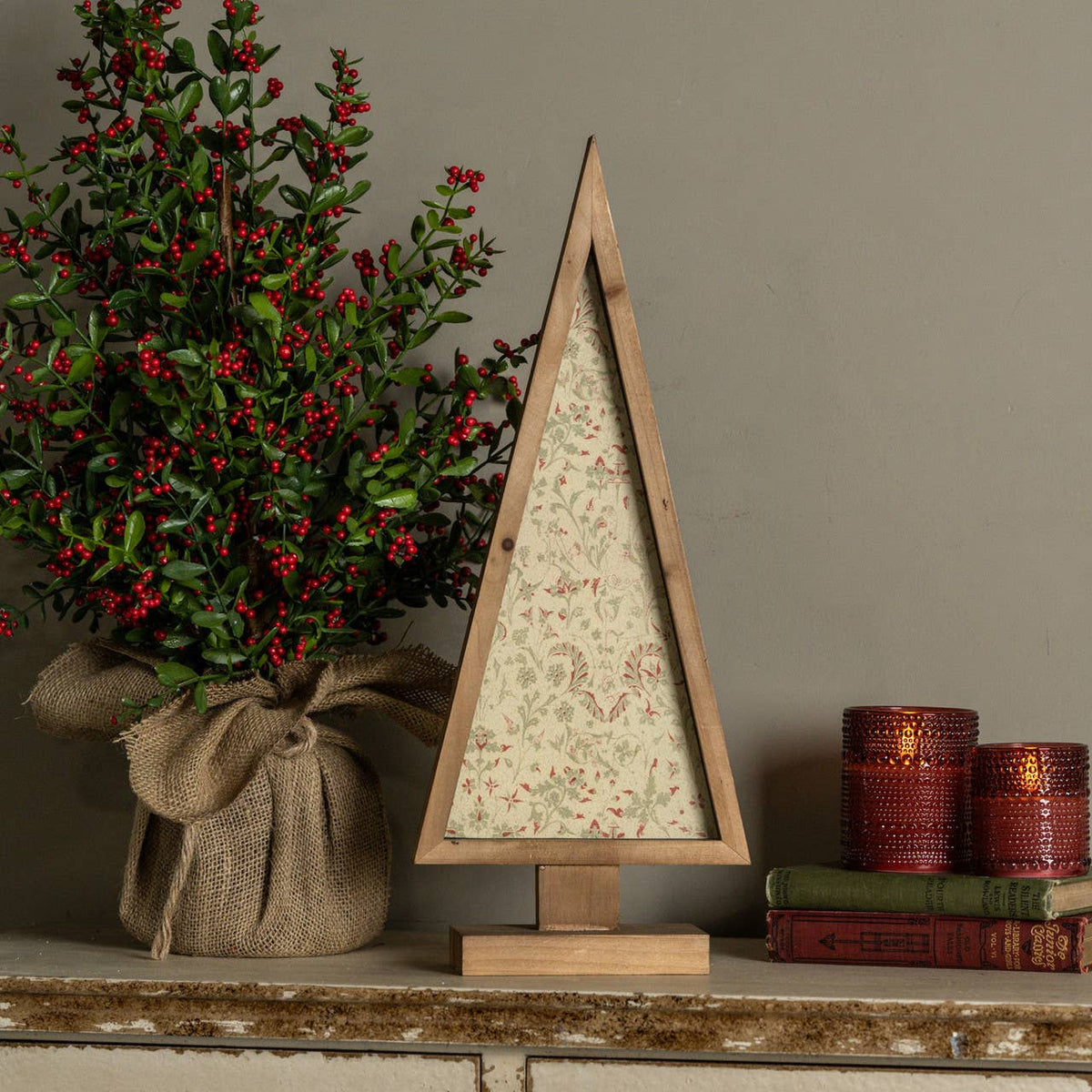 20" FRAMED RED & GREEN WALLPAPER TREE