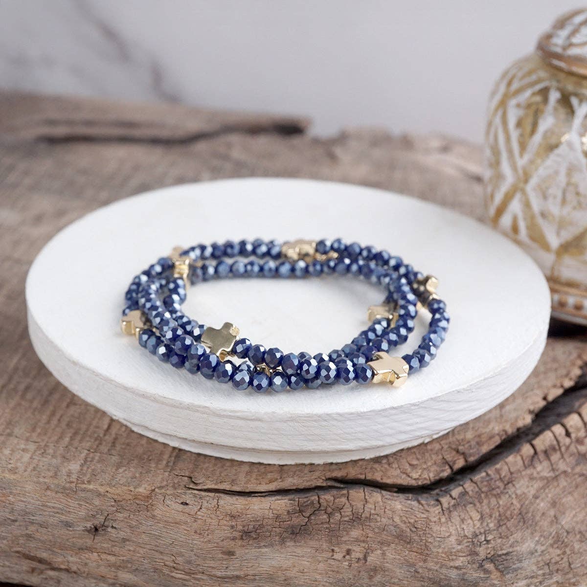 Glass & Gold Cross Bracelet Stack