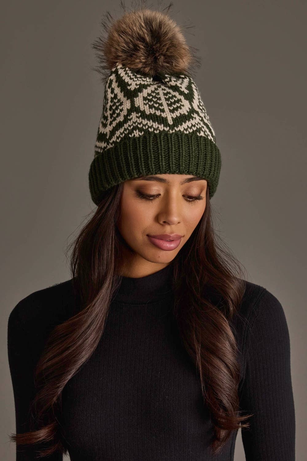 Olive & Beige Patterned Knit Pom Hat