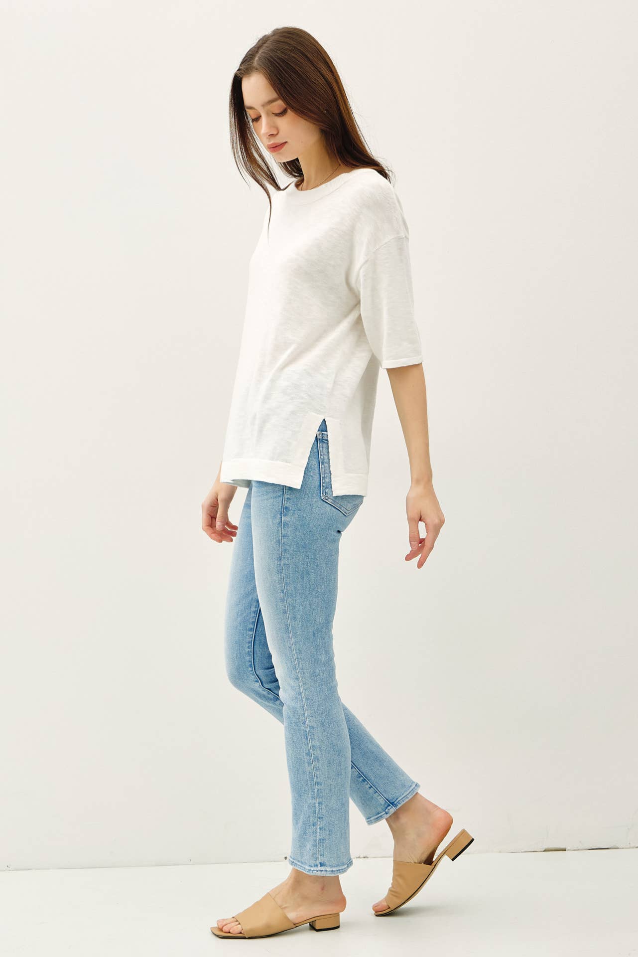 SHORT SLEEVE COTTON SLUB SWEATER TOP