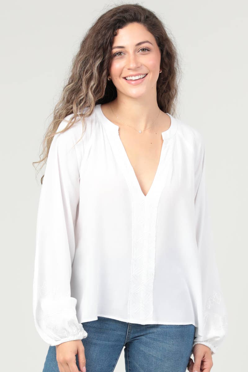 N2500-RY23 V NECK EMBROIDERED LONG SLEEVE BLOUSE