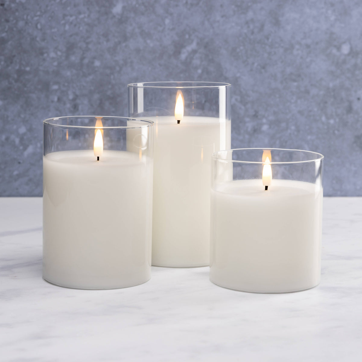Flameless LED Hurricane Glass Candles - White and Amber