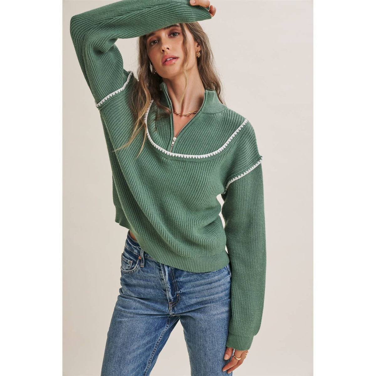 CABIN AIR CONTRAST WHIPSTITCH EMBROIDERY HALF ZIP SWEATER