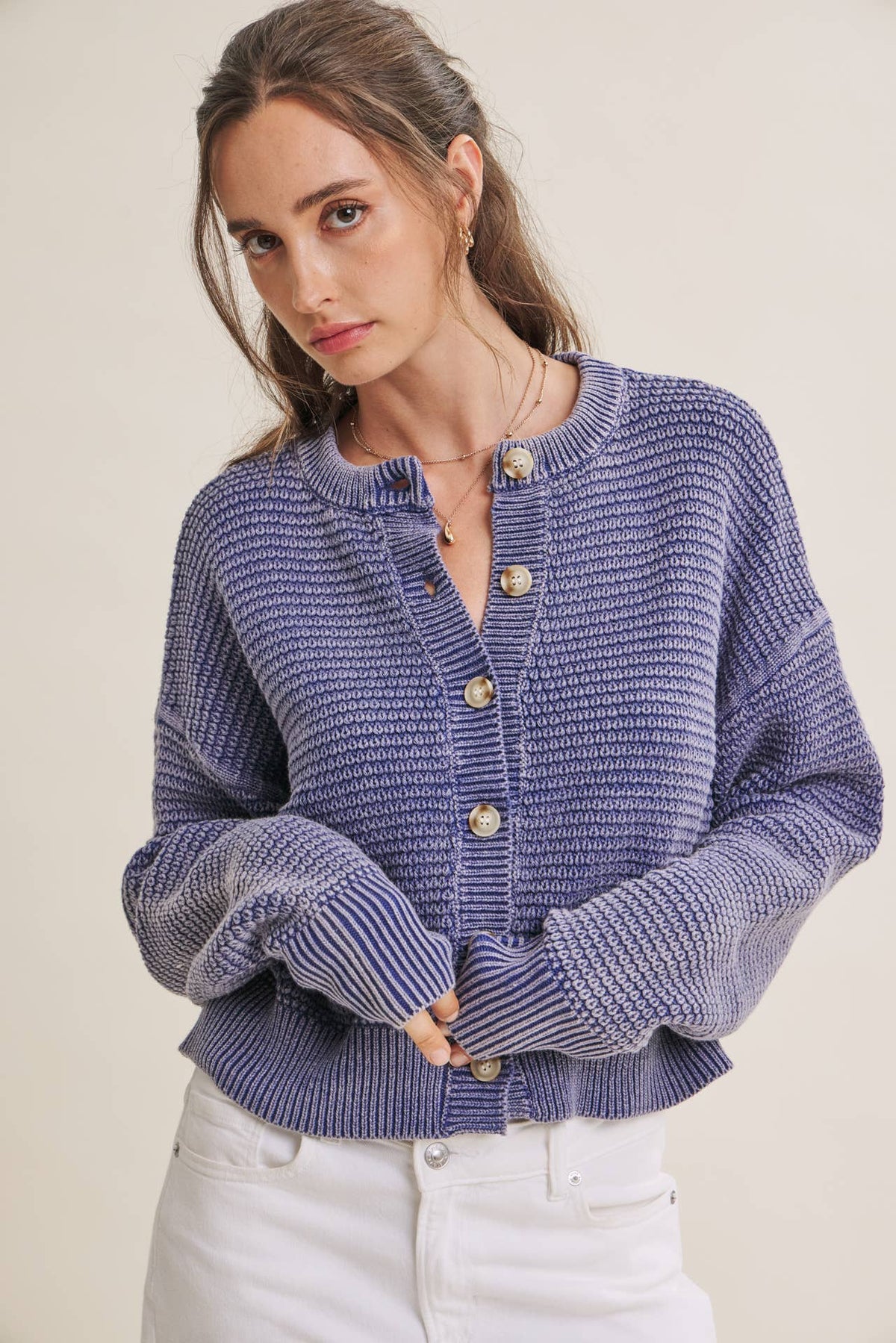 SEASONLESS MINERAL-WASHED COTTON WAFFLE BUTTON-DOWN CARDIGAN