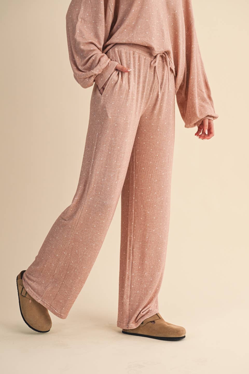 Polka Dot Print Soft Brushed Hacci Wide Leg Pants