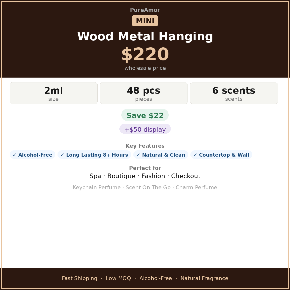 Mini Perfume Oil Wood Metal Hanging Display — 6 Best Seller Scents | 48 × 2ml Bottles