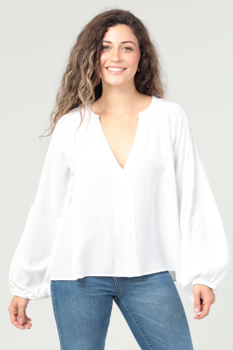 N2500-RY23 V NECK EMBROIDERED LONG SLEEVE BLOUSE