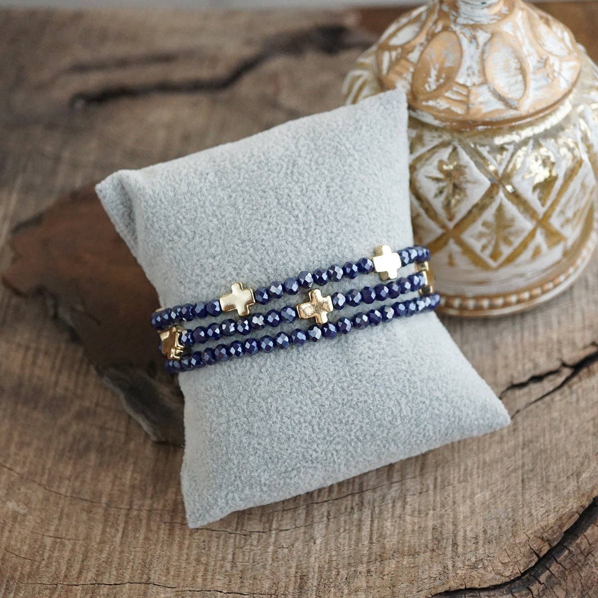 Glass & Gold Cross Bracelet Stack