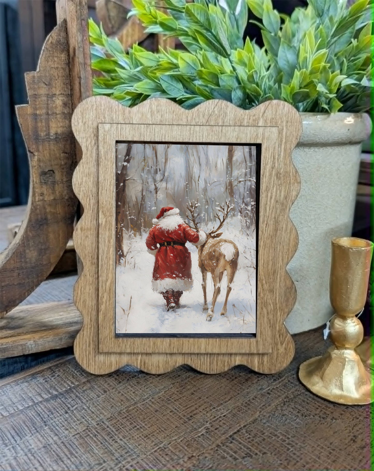 Scallop Santa With Reindeer Framed Canvas Art