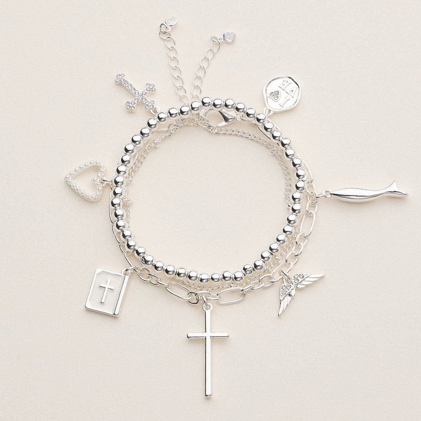 Faith Charm Bracelet Stack with Cross and Heart