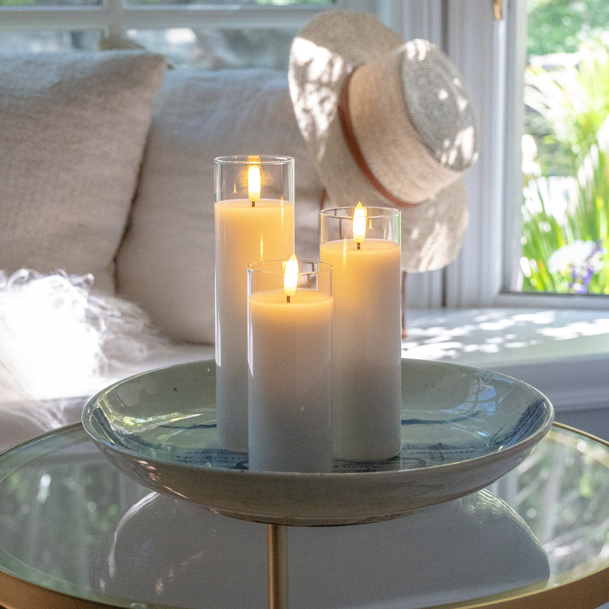 White Pillar Flameless LED Glass Candle Set of 3 - With Remote and Timer