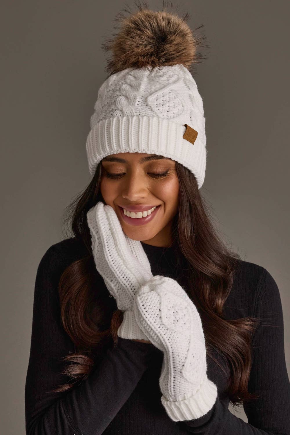 White Cable Knit Pom Hat