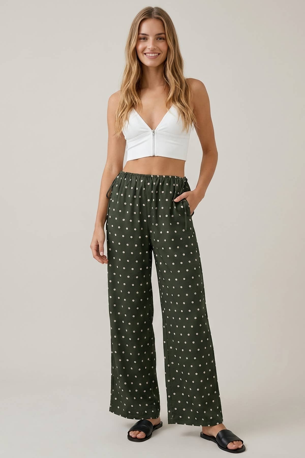 POLKA DOT SIDE CUT OUT ELASTIC PANTS - 8972P