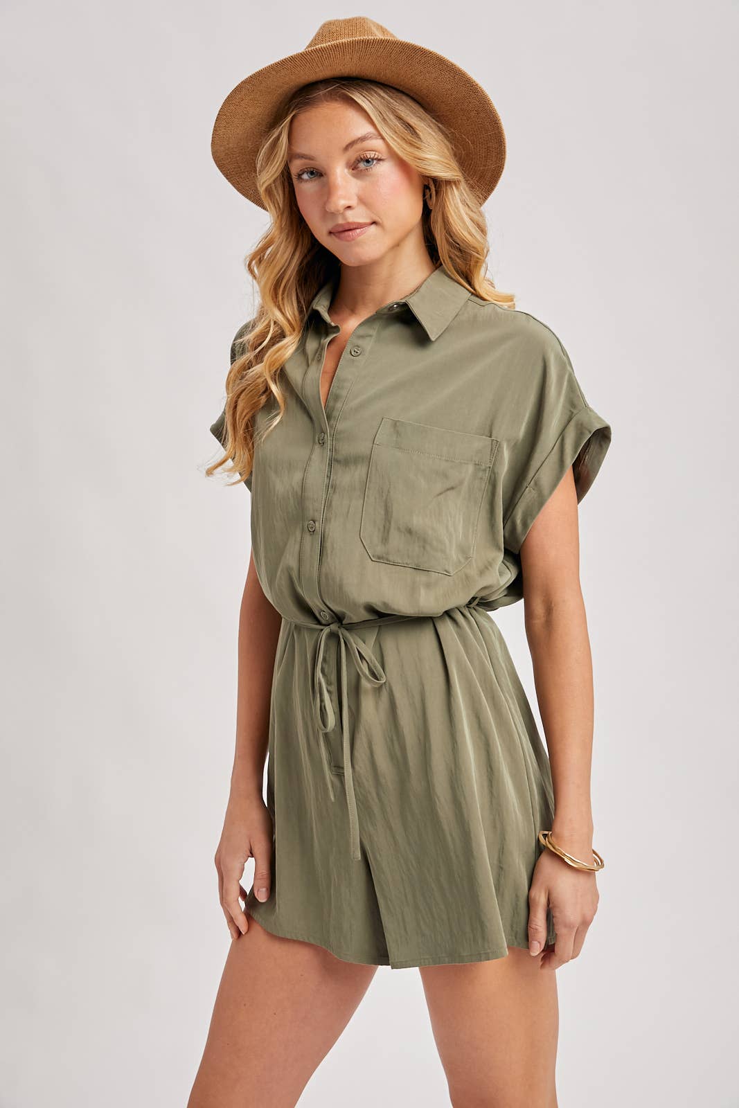 UTILITY FLOWY SHORT SLEEVE BELTED ROMPER