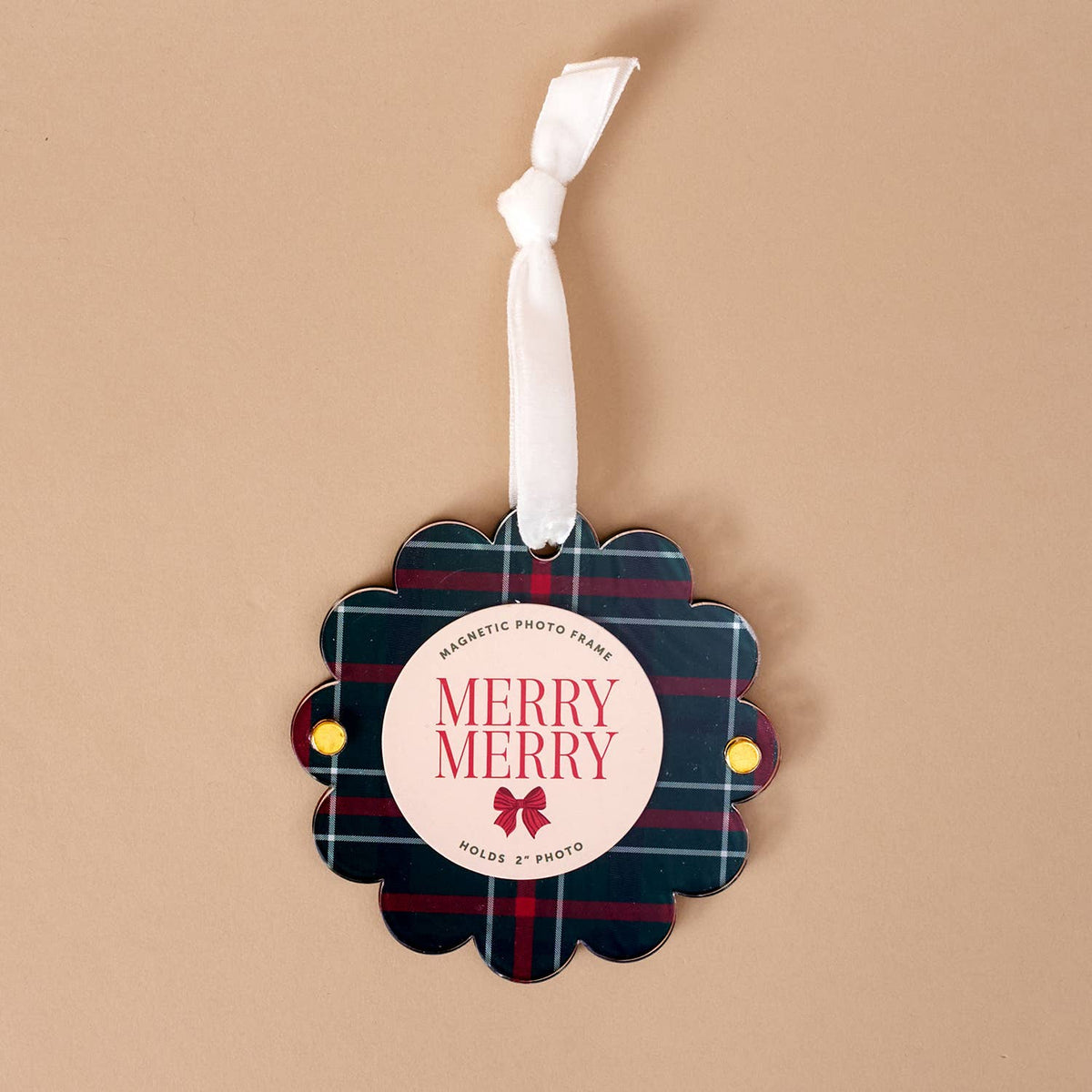 Scalloped Round Picture Frame Ornament-Evergreen Plaid