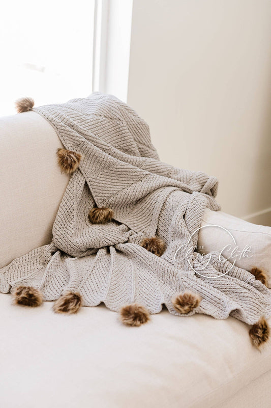 Chenille Pom Blanket Grey