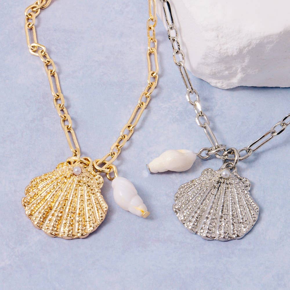 Textured Double Seashell Pendant Necklace