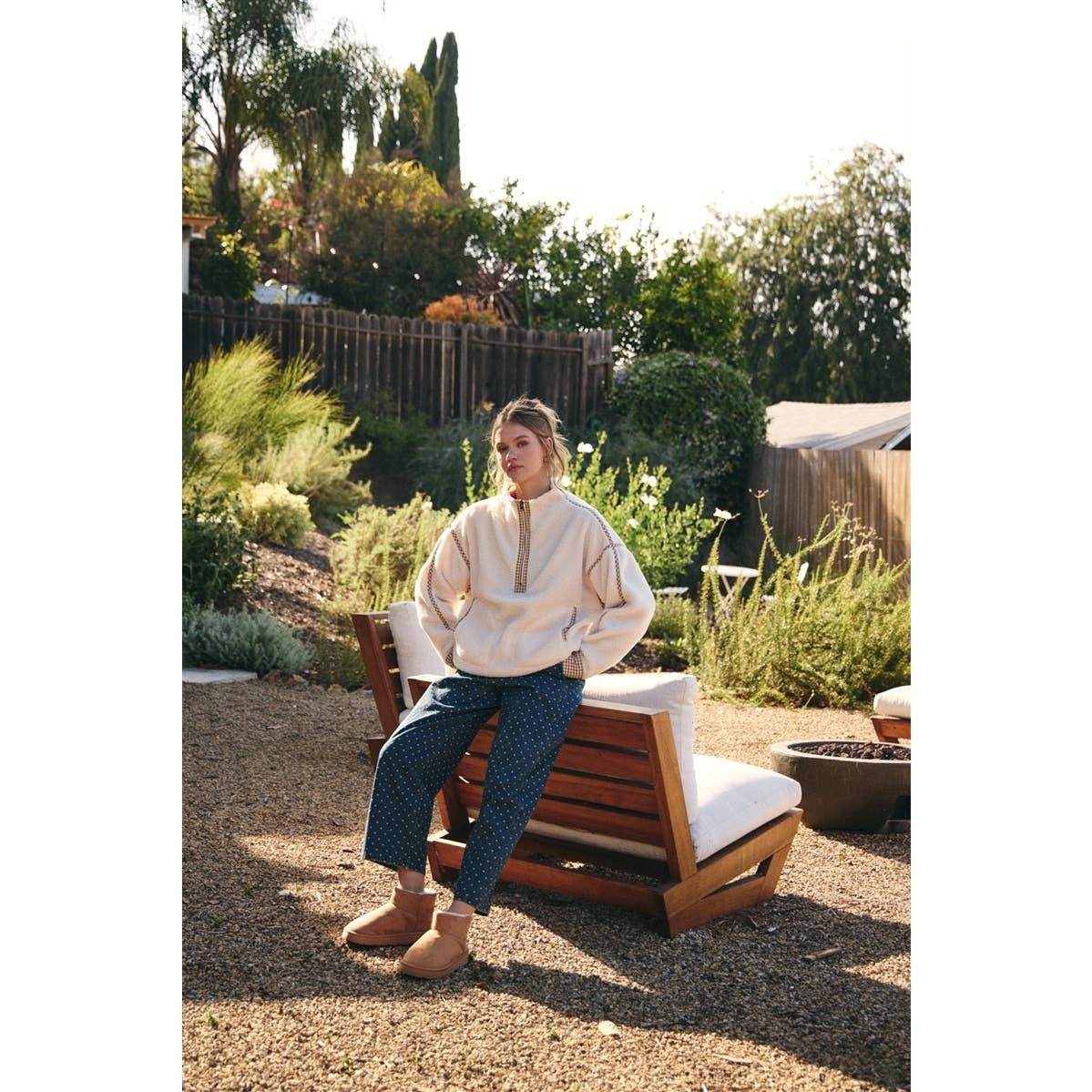 COZY CABIN GINGHAM TRIM SHERPA FLEECE HALF-ZIP PULLOVER