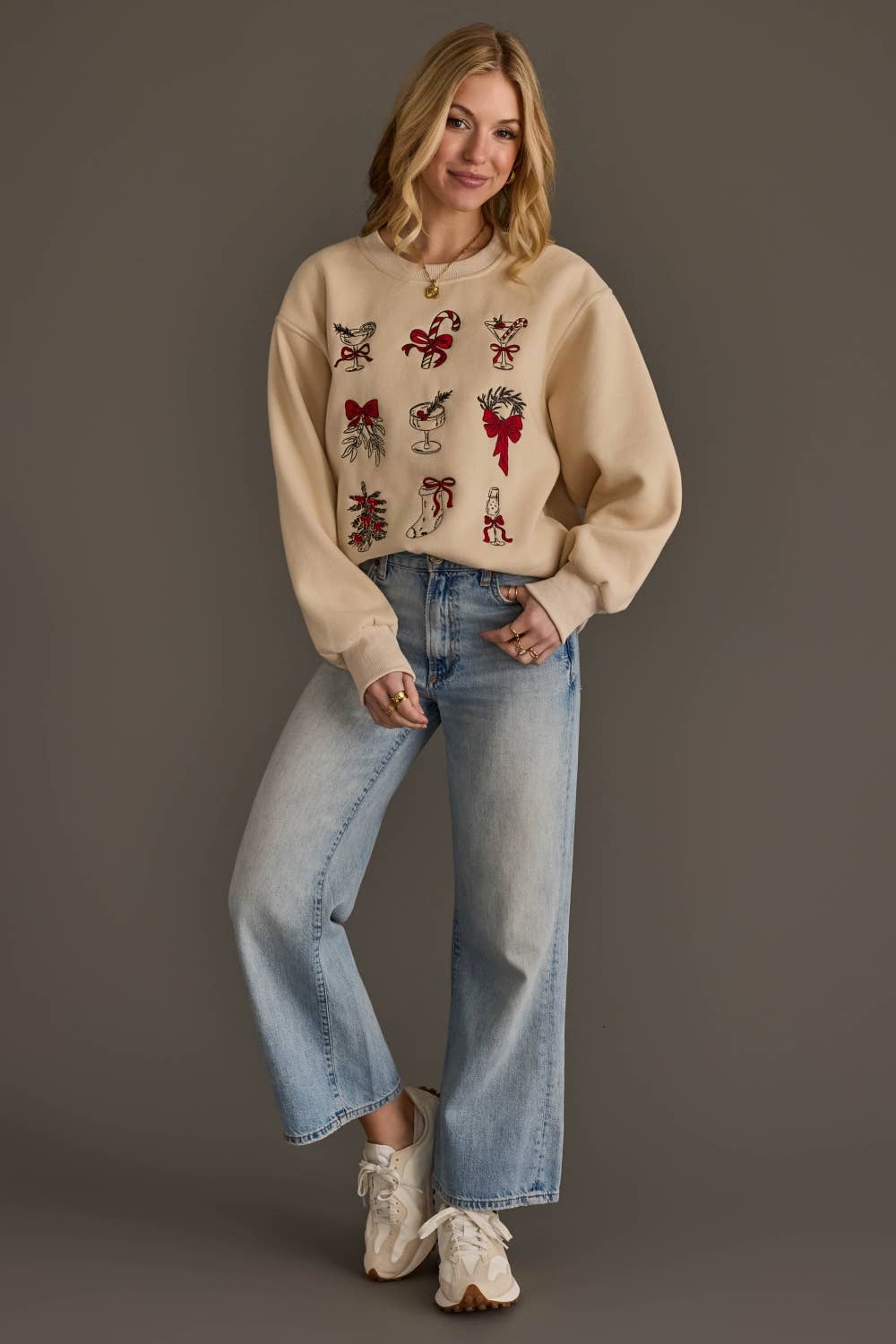 Beige Christmas Graphics Embroidered Sweatshirt