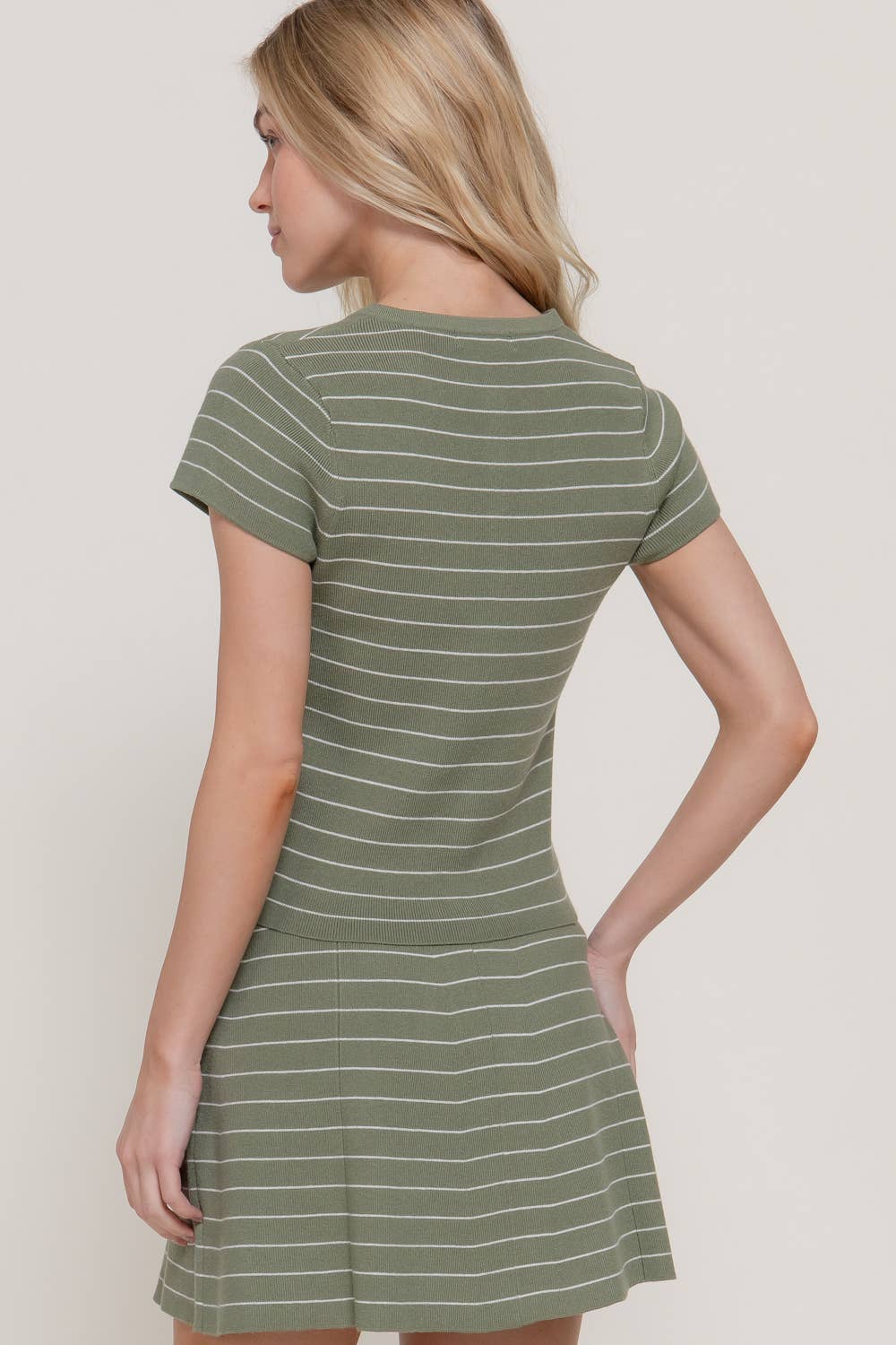 Short Sleeve Crew Neck Button Down Striped Knit Top