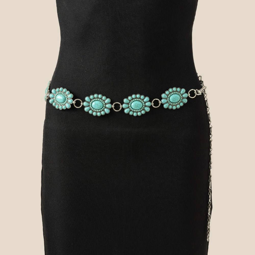 Western Turquoise Stone Bead Concho Disc Chain Belt