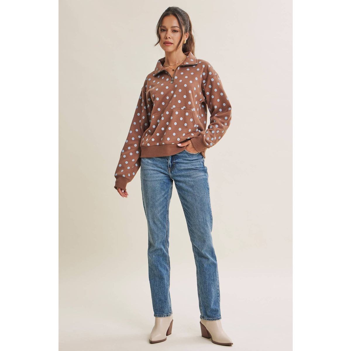COFFE RUN PLAYFUL POLKA DOT HALF-ZIP FRENCH TERRY PULLOVER