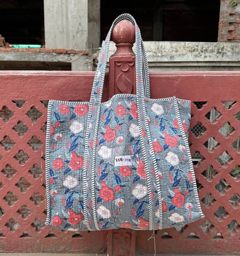 Grocery Bag Quilted Cotton Shopping Block Print Bag Tote Bag