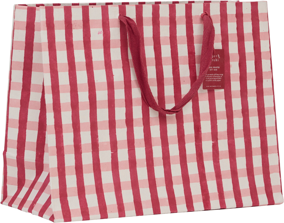 HANDMADE LARGE GIFT BAG PINK XMAS GINGHAM PAPER MIRCHI