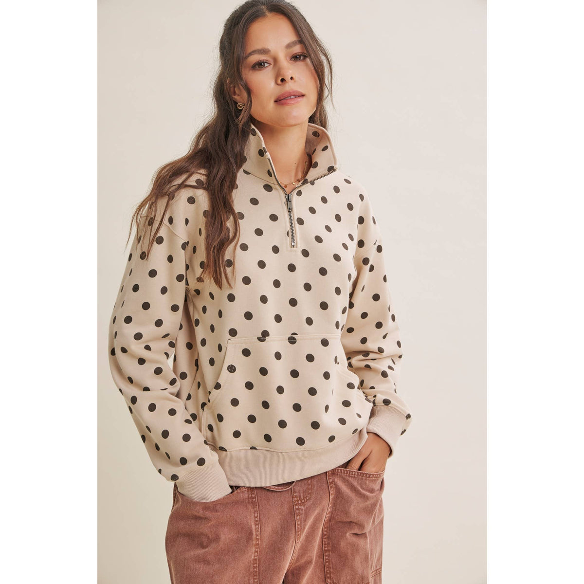 COFFE RUN PLAYFUL POLKA DOT HALF-ZIP FRENCH TERRY PULLOVER