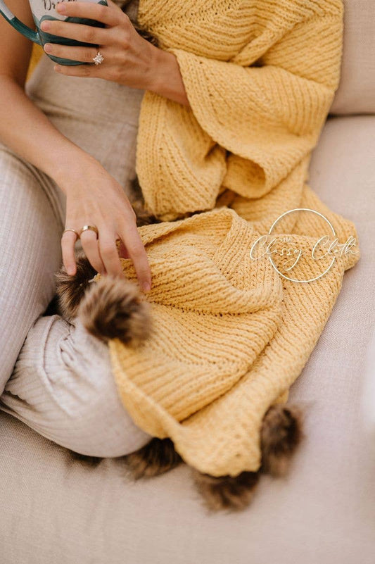 Chenille Pom Blanket Mustard
