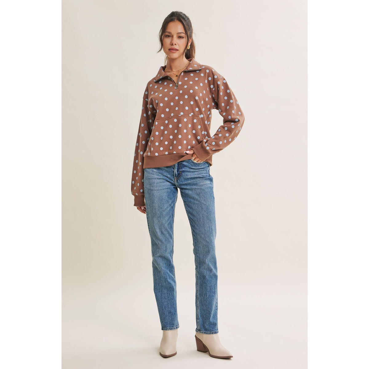 COFFE RUN PLAYFUL POLKA DOT HALF-ZIP FRENCH TERRY PULLOVER