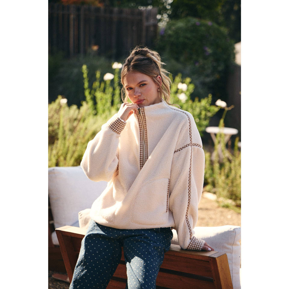 COZY CABIN GINGHAM TRIM SHERPA FLEECE HALF-ZIP PULLOVER